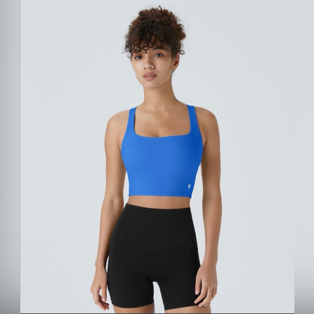 SoftlyZero Airy Square Neck Backless Crisscross Cropped Top - Blue
